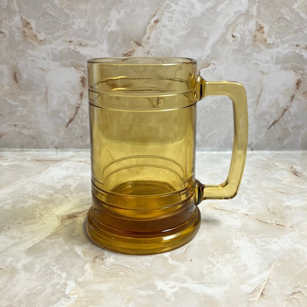 VINTAGE Amber Brown Glass Heavy Beer Mug 5.25" Square Stein Handle 1970s MCM
